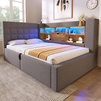 Cama Individual 90x200 Cm – Cabecero L Con Almacenamiento, Led, Hidráulica, Lino Gris, Sin Colchón