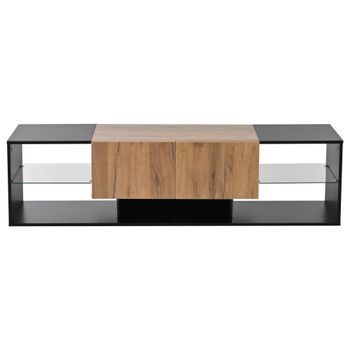 Mueble De Tv De 160 Cm Con 2 Cajones, Estantes De Vidrio Y Luz Led