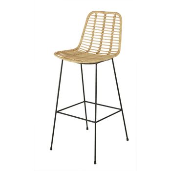 Taburete alto de cocina con respaldo de mimbre y acero negro , alt. 65 cm