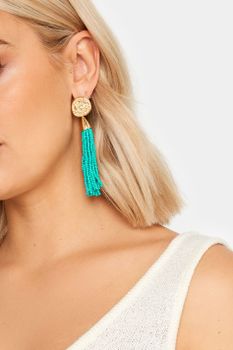 Pendientes Largos Dorados Con Borlas Turquesas