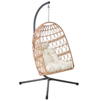 Sillón Colgante Boho De Ratán Sintético Cadena Y Soporte De Metal Cojín Mullido Silla Natural Montalcino