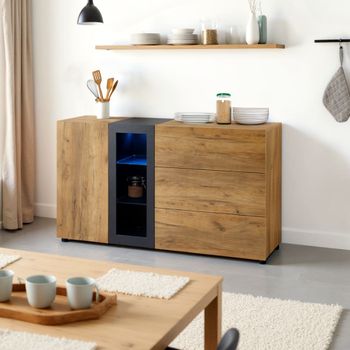Aparador efecto madera con vitrina, iluminación led, 3 cajones
