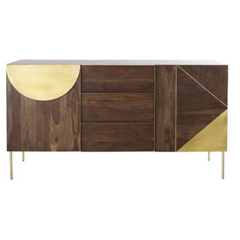 Aparador de 2 puertas y 3 cajones de sheesham macizo y metal dorado 147 cm