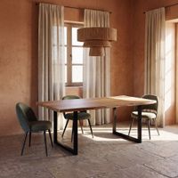 mesa de comedor de acacia maciza y acero negro de 200 cm