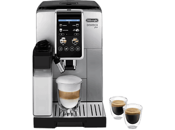 Cafetera superautomática - De'Longhi Dinamica Plus ECAM380.85.SB, 1450W, 15 bar, Molinillo Integrado, Espumador de leche, Táctil, 2 tazas, Inox