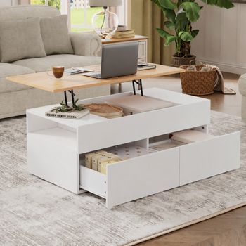 Mesa De Centro Elevable De 100 X 50 Cm, Blanca Y Madera, Con 2 Cajones