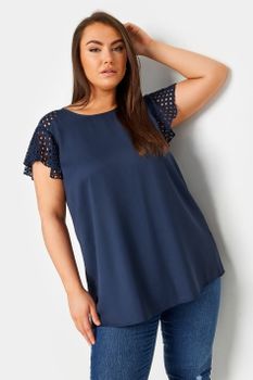 Yours Top Azul Marino Con Mangas Con Calados, Mujer Curvy Y Tallas Grandes, Yours