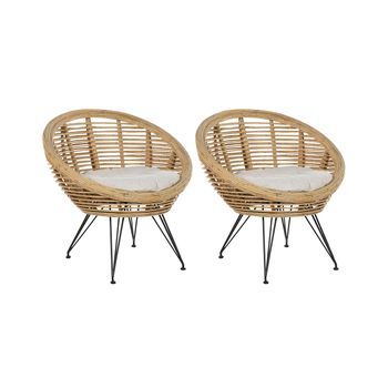 Conjunto De 2 Sillas Boho Ratán Beige Claro Cojín Tela Algodón Resistencia Media Interior Natural Maratea