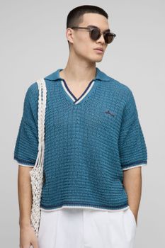 Polo Oversize Recto De Punto Calado Con Ribete De Rayas, Azul