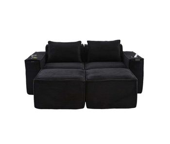 Sofá modular 2 plazas con 2 taburetes - respaldo estable, muelles ensacados, espuma de alta densidad, portavasos y bolsillos laterales, montaje sin herramientas - negro