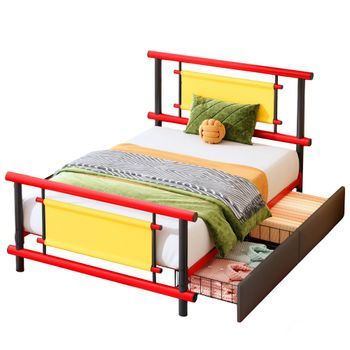 Cama Infantil De Metal 90x200, Cama Individual Con Cajones De Almacenamiento, Estructura De Acero, Azul Y Rojo