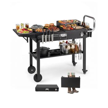 Costway Mesa de Parrilla Plegable con Ruedas y Estante Almacenaje Acero Inoxidable Portátil para Barbacoa al Aire Libre 118 x 43 x 88 cm Negro