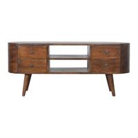 mueble para equipos de entretenimiento madera maciza estilo artesanal color castano redondeado