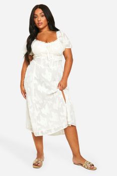 Vestido Plus Midi Estilo Mesonera En Tela Desgastada, Blanco