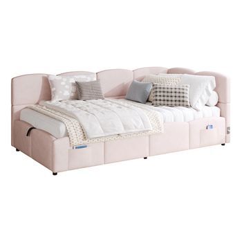 Cama Tapizada - Cama Infantil - Cama Individual - Sofá Cama Convertible 90x200 Cm - Usb - Almacenamiento - Terciopelo - Rosa