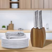 bloque de madera de acacia con 6 cuchillos para carne acero inoxydabl