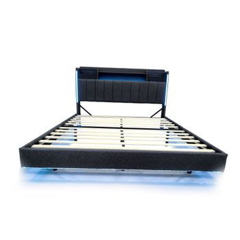 Cama De Tela De Lino De 140x200cm Con Toma Usb Y Somier Gris