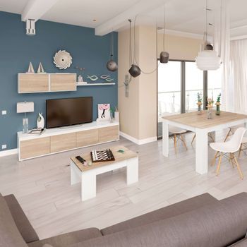 Pack Muebles Salón Comedor Completo Color Blanco Y Roble Estilo Nórdico (mueble Salón + Mesa Comedor + Mesa Centro)