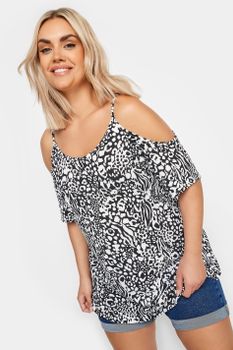 Yours Top Hombros Descubiertos Blanco Y Negro Estampado Animal, Mujer Curvy Y Tallas Grandes, Yours