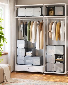 Estantería modular de 16 cubos con puertas de plástico gris y blanco