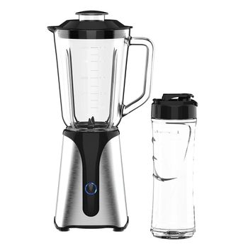Batidora de vaso Jocca con jarra de cristal de 1L y botella de viaje de 600ml con 4 cuchillas de acero inoxidable y tapa extraíble con apertura. Licuadora eléctrica desmontable para fácil limpieza.
