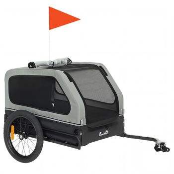 PawHut Remolque para Bicicleta plegable para Perros Medianos hasta 20 kg con rampa abatible, reflectores, correa y bandera, Gris