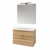 kibath mueble de bano con lavabo espejo y aplique led urban 80x45 cm acabado roble natural mate 2 cajones y puertas suspendido