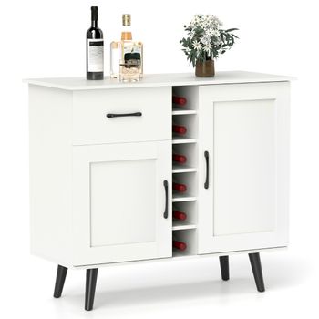 Costway Aparador Moderno Gabinete de Bar con Botellero para 6 Botellas 1 Cajón 2 Puertas y 2 Estantes Ajustables para Cocina Comedor Blanco