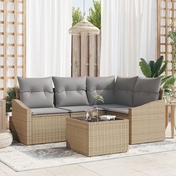 Conjunto De Sofá De Jardín  De 5 Piezas Con Cojines Negros De Ratán Poliester V2966 Unico / Beige