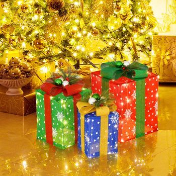 Decoración De 3 Cajas De Regalo De Navidad Iluminadas Exquisitas Con 52 Luces Led Preiluminadas Cfw40202