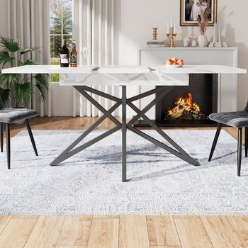 Mesa Extensible 120→160 X 80 Cm, Nogal/imitación Mármol, Patas En Estrella De Hierro Negro, Desayuno/cocina
