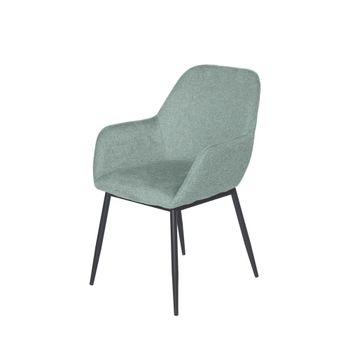 Silla tapizada color menta con reposabrazos y patas negras.