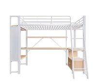 cama alta 90x200 cm - estructura de hierro led escritorio almacenamiento usb - blanco