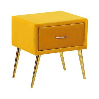 Mesa De Noche De Terciopelo Amarillo Mostaza Dorado 46 X 38 Cm Cajón Flayat