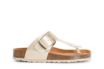 zapatilla chancla de mujer con hebilla. light gold 37