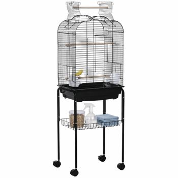 PawHut Jaula Pájaros con Soporte Aves Canarios con 4 Ruedas Techo Abrible 2 Comederos 3 Perchas Bandeja Extraíble y Estante Inferior   Aosom España