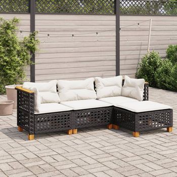 Conjunto De Sofás Jardín 4 Uds | Mueble Jardin Mesa Y Sillas Con Cojines Ratán Sintético Negro Cfw689031