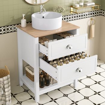 Mueble De Baño De Pie Con Lavabo Cerámico Redondo, 60 Cm, Dos Cajones Y Estante Abierto