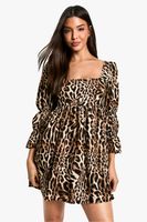 vestido holgado con mangas abullonadas y estampado de leopardo brown