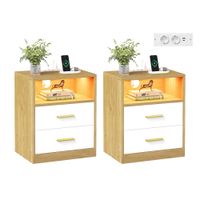 custos coleccion - mesita de noche con carga y luz roble natural  blanco nube  juego de 2