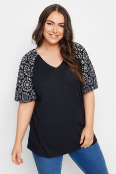 Yours Camiseta Algodón Negra Con Manga Raglan Bordada, Mujer Curvy Y Tallas Grandes, Yours