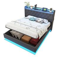 cama de tela de lino 140x200 cm con luces led multicolor puerto de carga usb almacenamiento hidraulico y estructura de listones metalicos resistente color gris resistente al desgaste para dormitorio moderno