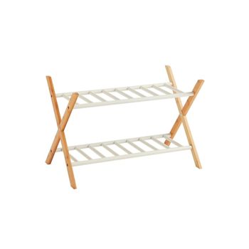 Zapatero de 2 niveles, bambú y metal blanco, 66 x 35,5 x 42 cm