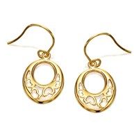 9ct gold oval hearts hook wire earrings - 25mm drop - g1009