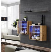 conjunto de muebles de sala switch sbiii color roble wotan y puerta de vidrio con sistema led integrado estanteria gris
