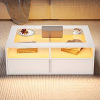 mesa de centro blanca con led 100 x 50 x 35 cm dos cajones y vidrio templado