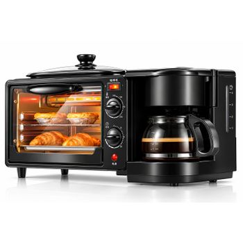 Don Feliz Máquina de Desayuno 3 en 1 con Cafetera, Horno Eléctrico y Plancha Antiadherente, Jarra de Vidrio Borosilicato 600 ml, Control Independiente, Centro de Desayuno Multifunción Negro