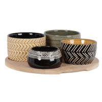set de 4 cuencos para aperitivos de ceramica multicolor y bandeja de bambu