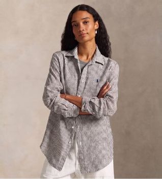 Polo Ralph Lauren para mujer. 211A96158005 Camisa Classic Fit Striped de Lino blanco, negro (L), Casual, Manga larga