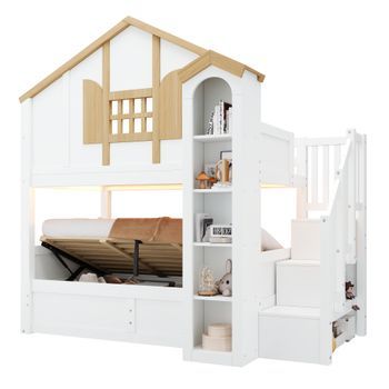 Litera Infantil De Madera Maciza, Cama 90x200 Con Almacenamiento Hidráulico, Escalera Y Led, Blanco Y Natural